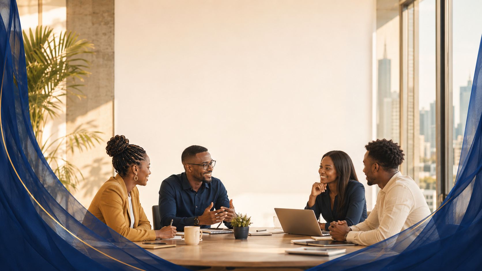 Four professionals in a warm sunlit meeting, framed by flowing deep-blue fabric