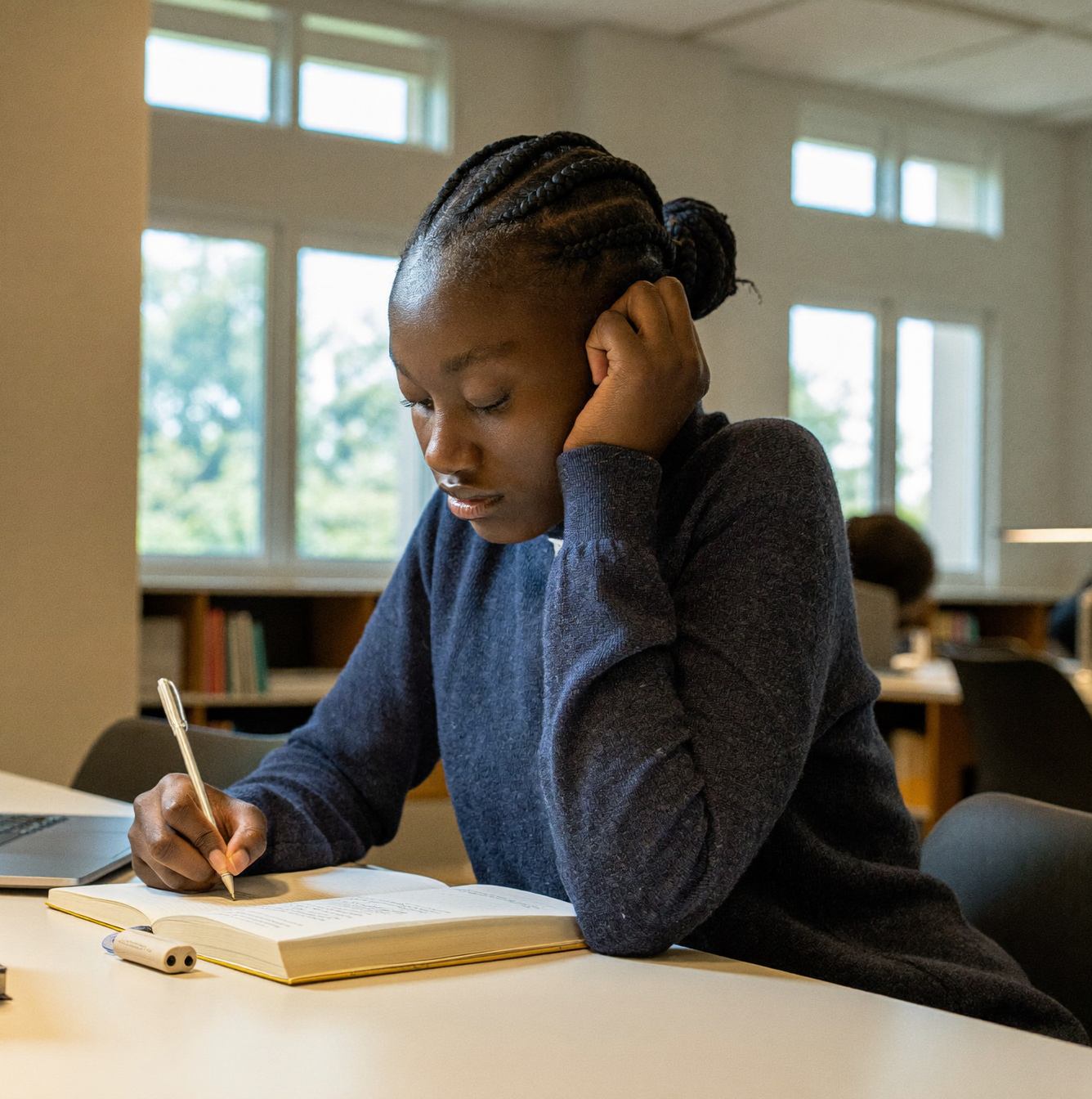 Young Tanzanian university student studying in a bright library